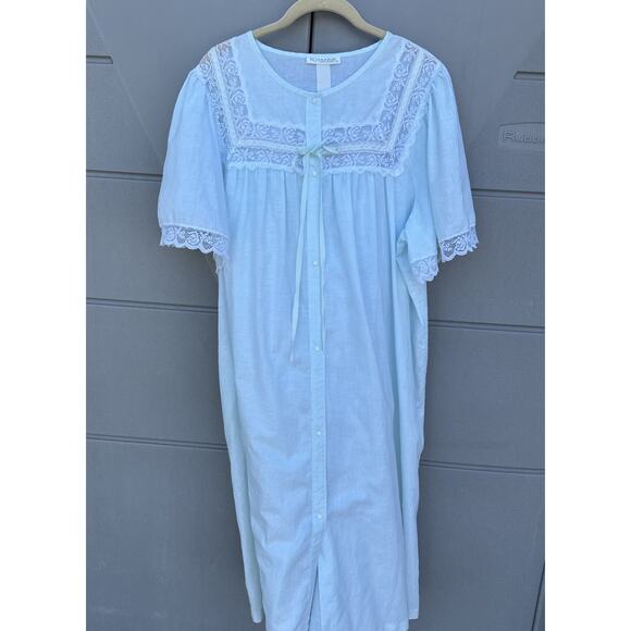 VTG Komar House Coat Robe Pale Blue Textured Light Weight Button Front L READ - Picture 1 of 13